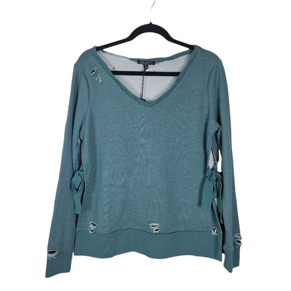 Romeo &Juliet Couture Sage Green Distressed Crew neck Sweatshirt Pullover Sz S - Picture 3 of 12